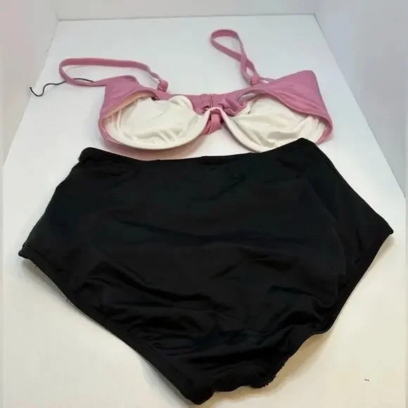 Shade & shore, bikini pink underwire top black high-rise bottom size34D small - Picture 2 of 4